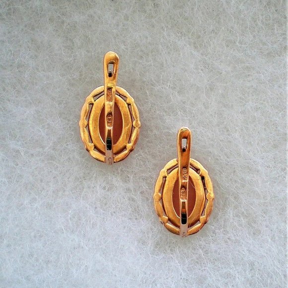 Vintage Russian Soviet USSR 14K 583 Rose Pink Gold Rose Pink Chalcedony Earrings - Picture 4 of 7